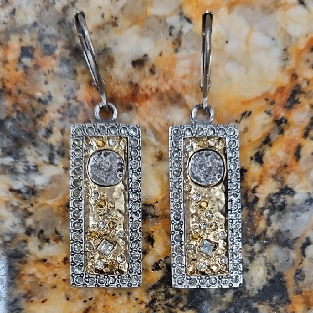 Art Deco Silver and Gold Dangle Earrings with Crystals